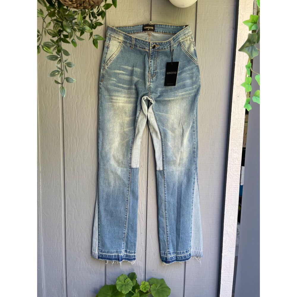 GingTto Two Tone Patchwork Flare Jeans Light Wash Size 12